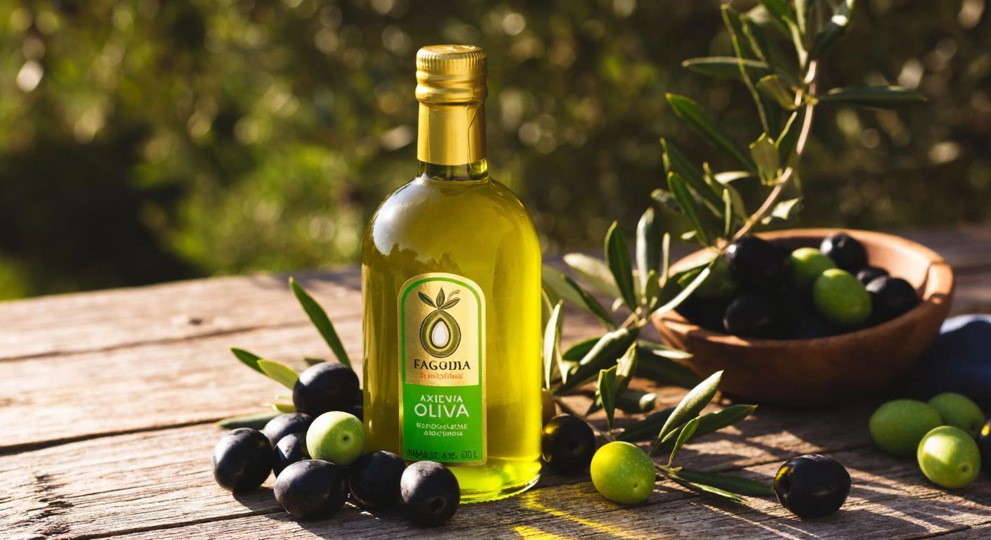 A golden olive oil bottle with a green label, placed on a rustic wooden table surrounded by fresh olives and olive branches, under the warm sunlight of an Aegean village in Turkey.