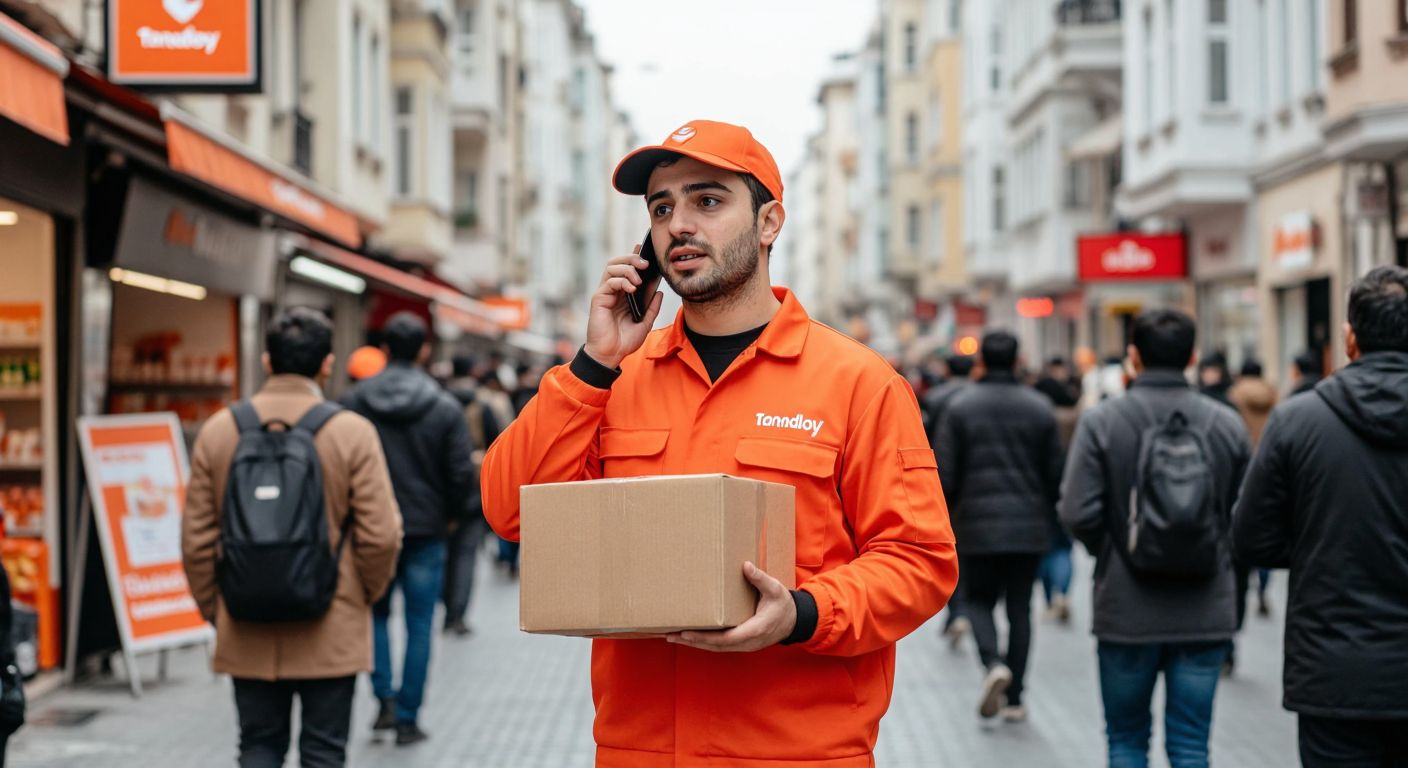 A delivery worker in a Trendyol Express uniform holds a package while talking on the phone, standing on a bustling Istanbul street with a mix of curiosity and caution on their face.