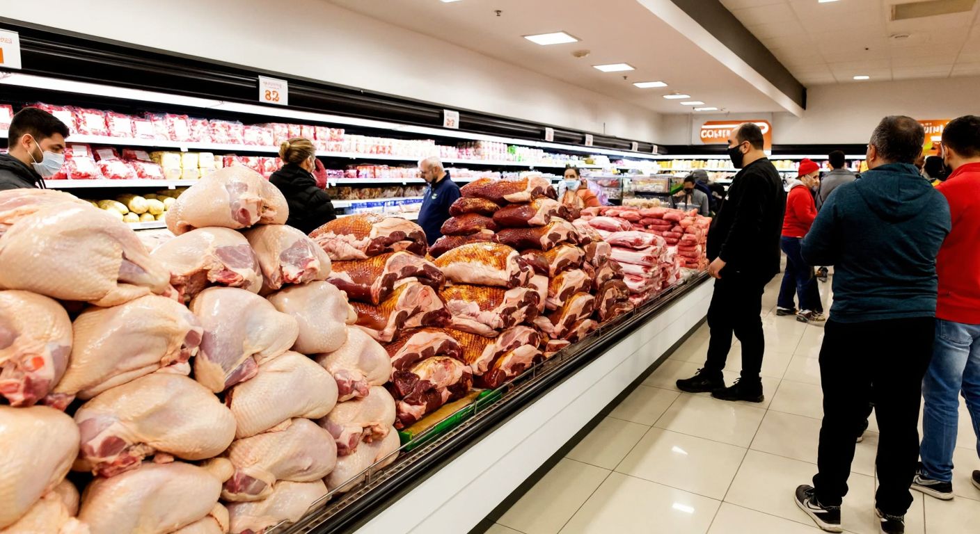 A bustling CarrefourSA supermarket aisle in Turkey, with neatly stacked whole and roasted turkeys on display in the meat section, surrounded by shoppers in casual attire examining the products.