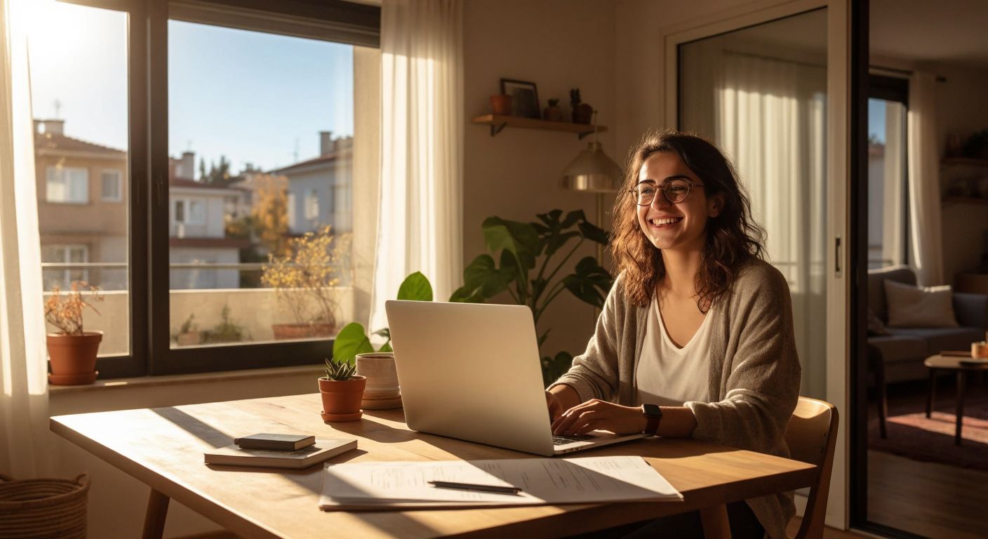A smiling Turkish person sits at a wooden table with a laptop, sunlight streaming through a window onto a cozy apartment interior, while a neatly arranged rental contract and house keys rest beside them.