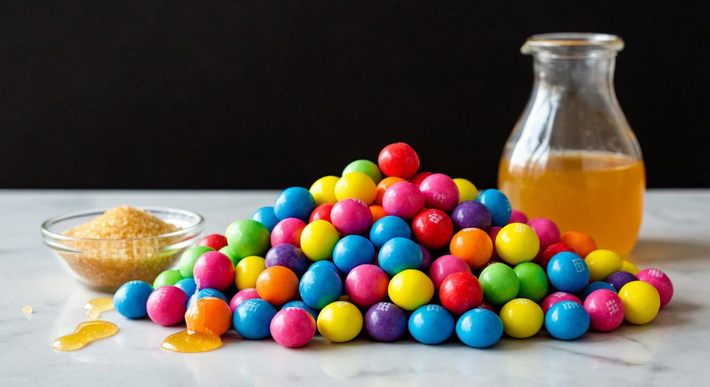 A colorful pile of Mentos candies with a small bowl of granulated sugar and a drizzle of golden glucose syrup beside them on a bright kitchen counter.