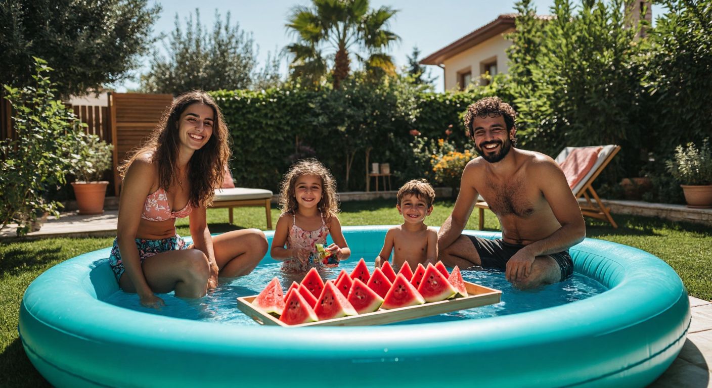 A family in a sunny Turkish backyard smiles as they inflate a colorful pool with an electric pump, surrounded by lush greenery and a tray of fresh watermelon slices.