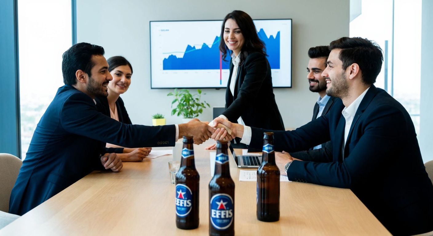 A group of diverse businesspeople in a modern Istanbul office shaking hands over a table with Anadolu Efes beer bottles and financial charts in the background.