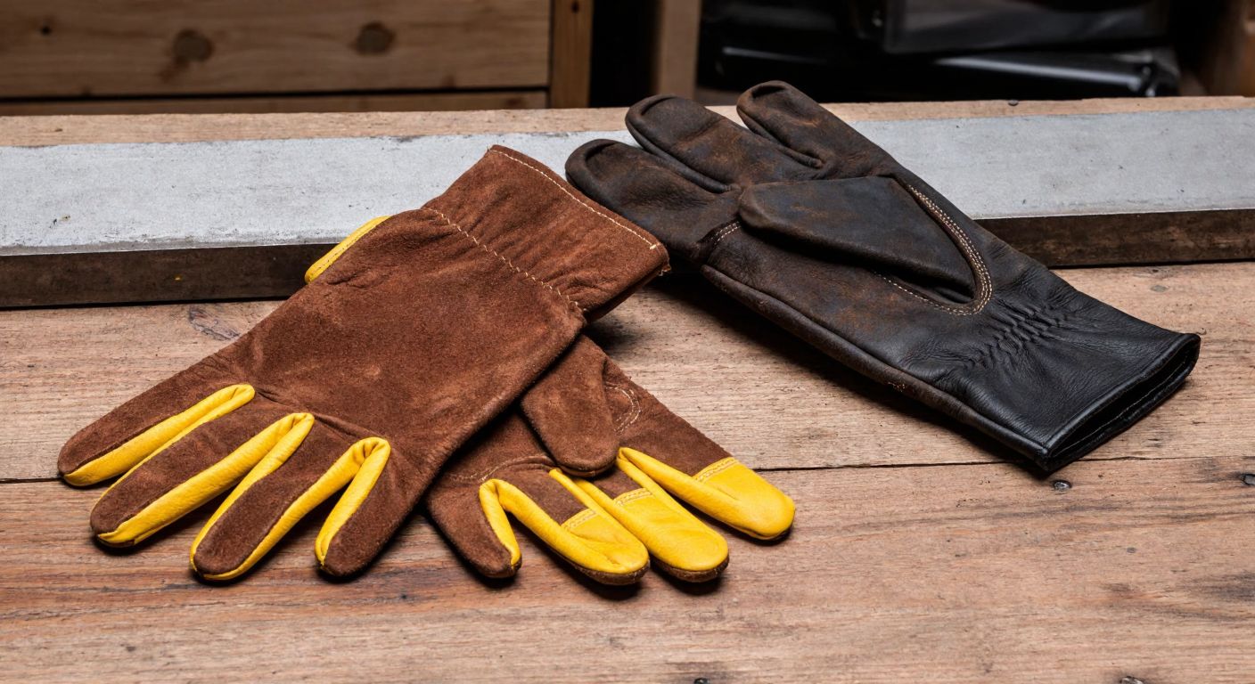 A pair of sturdy brown suede work gloves (E-1305) with yellow palm reinforcement lies beside a pair of heavy-duty welding gloves (E-1304) with reinforced thumb and heat-resistant stitching, placed on a rough wooden workbench in a Turkish industrial workshop.