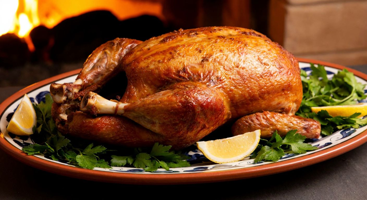 A golden-brown roasted lamb spleen on a traditional Turkish ceramic plate, surrounded by fresh herbs and lemon wedges, with a warm, inviting glow from a nearby clay oven.