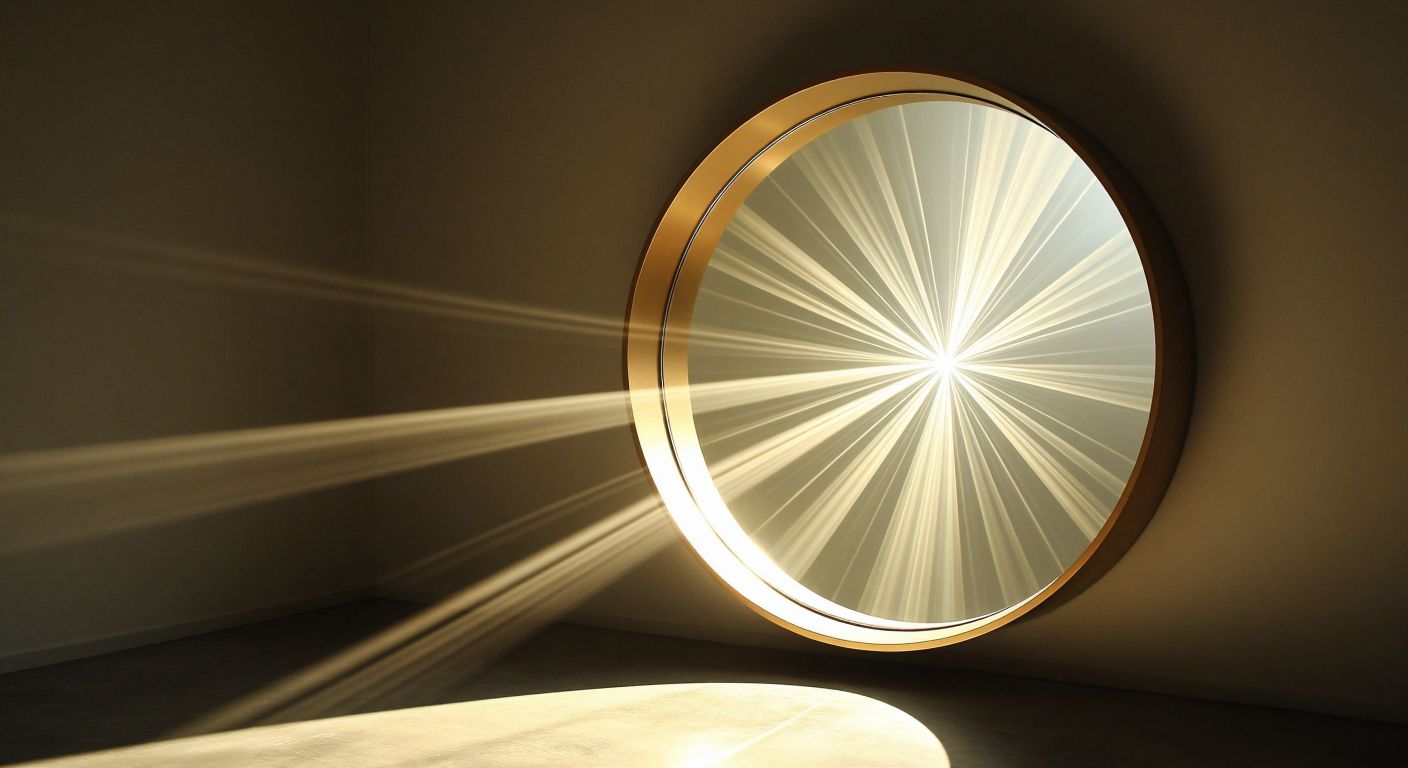 A concave mirror reflects beams of light—some parallel to its principal axis converging at the focal point, others originating from the focal point and reflecting parallel, while rays from the center bounce back symmetrically.