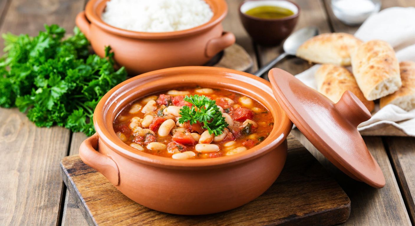 A rustic wooden table in a Turkish kitchen holds a steaming clay pot of lobya stew with olive oil and tomatoes, accompanied by fresh parsley and a side of warm bread, evoking a cozy, home-cooked meal.