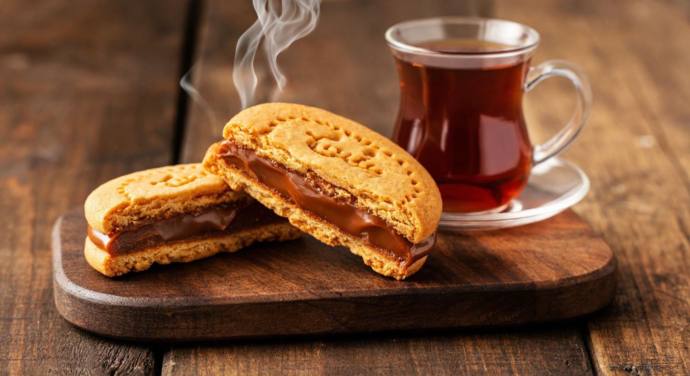 A golden-brown caramel-filled biscuit (Torku Karamelce XL) sits on a rustic wooden table in Turkey, with a small bowl of Turkish tea steaming beside it, evoking warmth and indulgence.