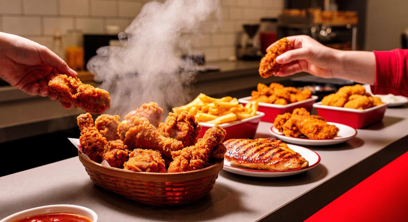 A vibrant KFC counter in Turkey with a steaming basket of golden Spicy Crispy Chicken pieces, a juicy grilled chicken breast on a plate, and crispy boneless bites, surrounded by eager hands reaching to taste.