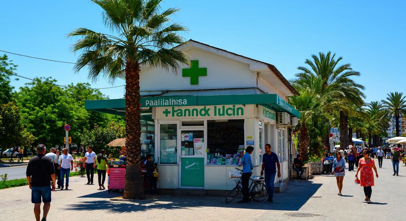 A small, sunlit pharmacy with a green cross sign, nestled on a bustling street in Emek Mahallesi, surrounded by palm trees and locals walking by under the warm Antalya sun.