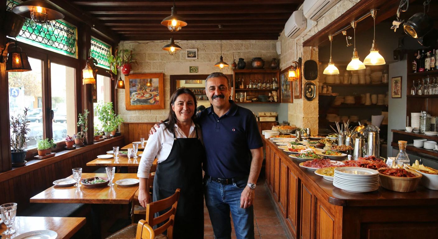 A cozy, warmly lit traditional Turkish meyhane with wooden tables, a bustling atmosphere, and a middle-aged Turkish couple—Bilgin and Işık İnanç—smiling proudly behind a counter filled with meze plates and rakı glasses.