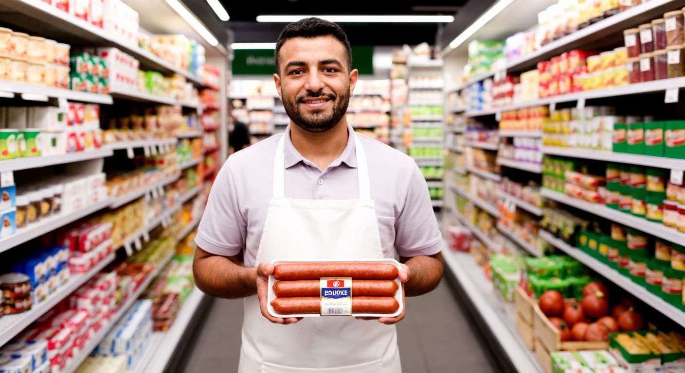 A Middle Eastern man in a white apron holds a package of Polonez sausages in a bustling supermarket aisle with shelves stocked with various food products.