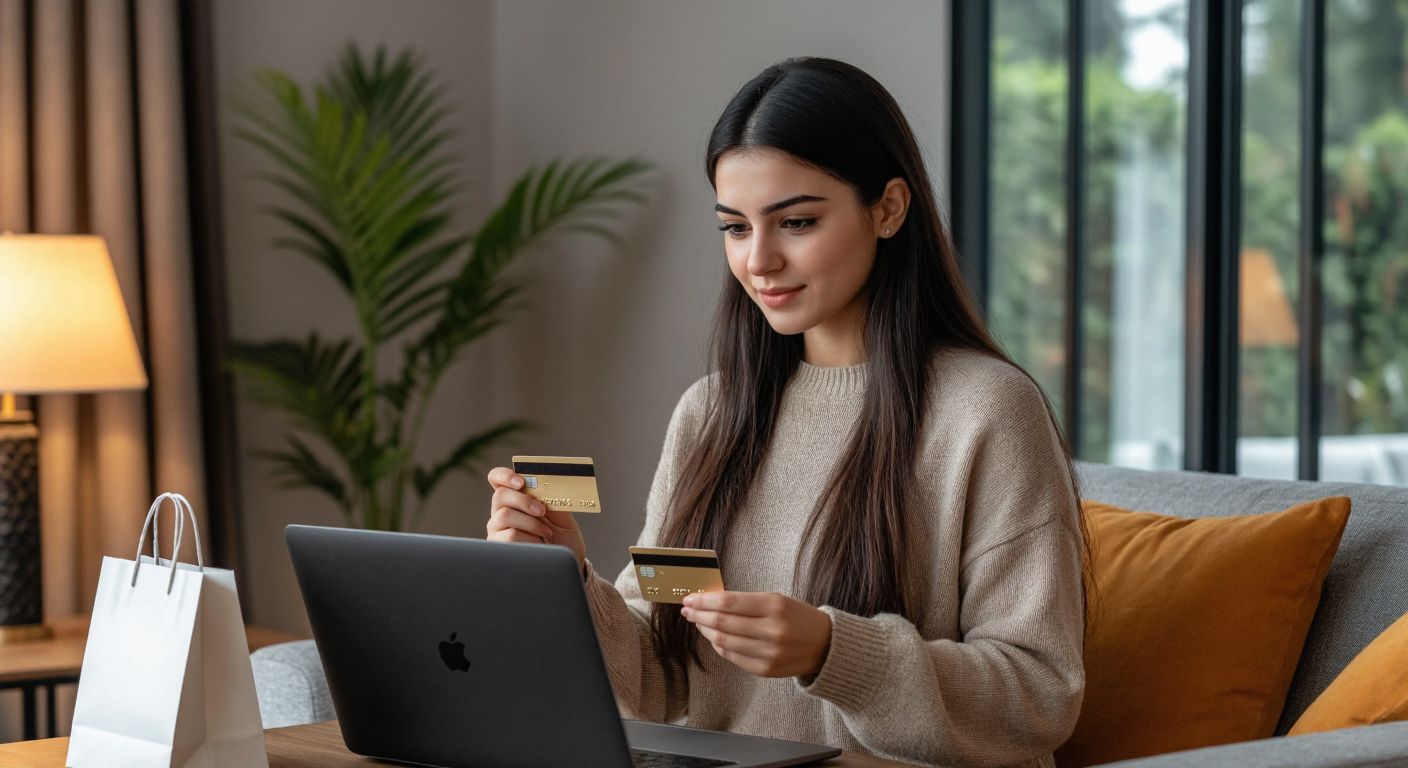 A Turkish woman in a modern home setting confidently holds a credit card while browsing a laptop screen displaying a payment confirmation, with a neatly arranged Ender shopping bag nearby.