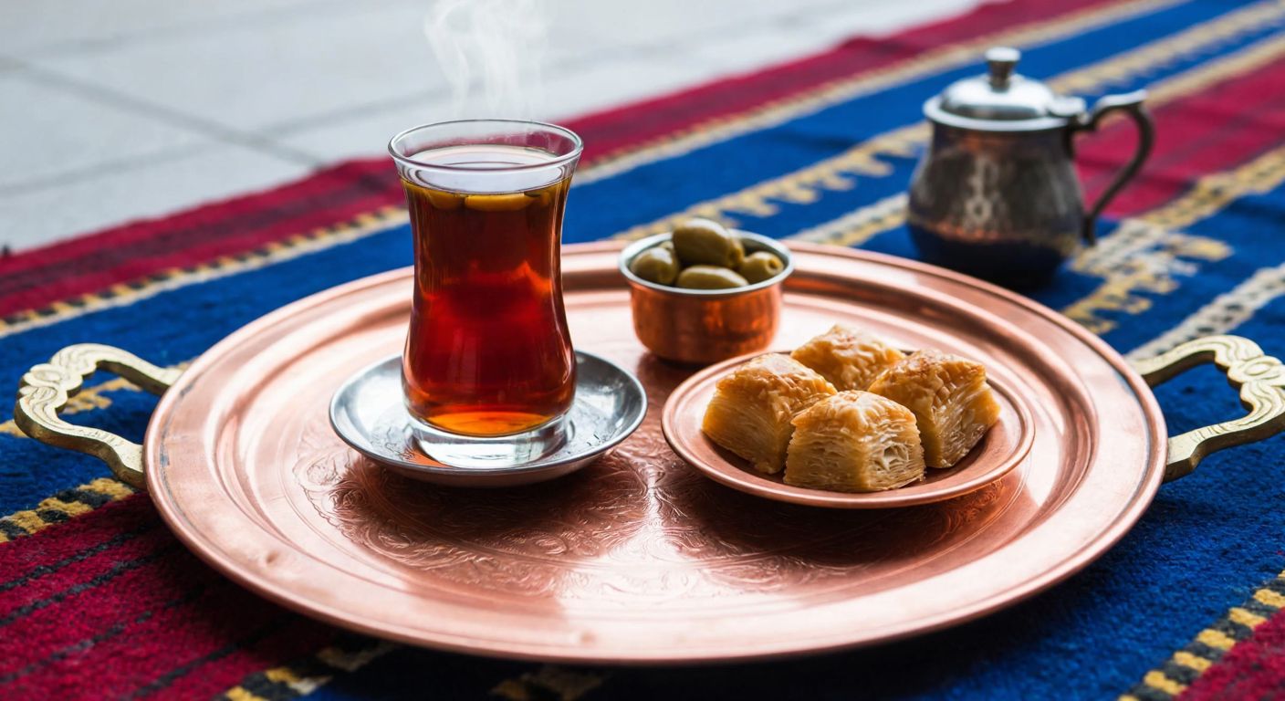 A traditional Turkish copper tray adorned with a steaming glass of çay, a plate of baklava, and a small bowl of olives, placed on a handwoven kilim in a sunlit courtyard with a teapot nearby.