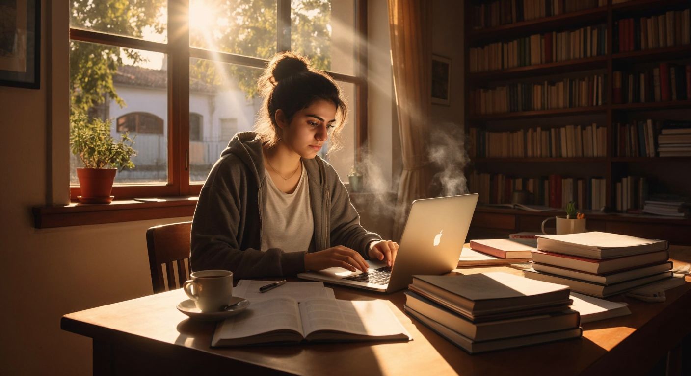 A focused Turkish student sits at a wooden desk with a laptop open, surrounded by stacks of books and printed notes, while sunlight streams through a window onto a steaming cup of çay.