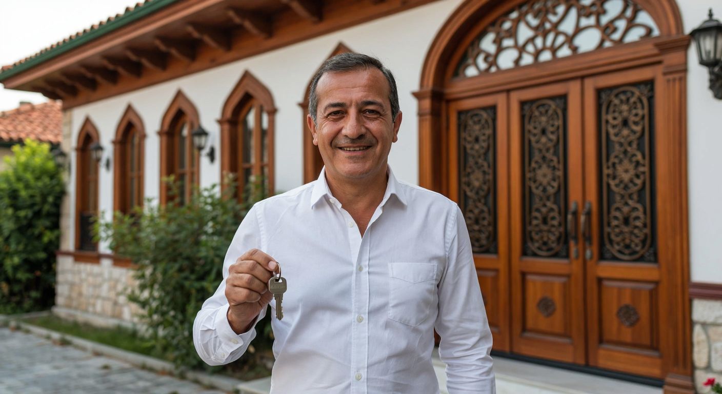 A middle-aged Turkish man in a crisp white shirt stands proudly in front of a traditional Ottoman-style hotel with red-tiled roofs and ornate wooden doors, holding a set of keys with a warm, welcoming smile.