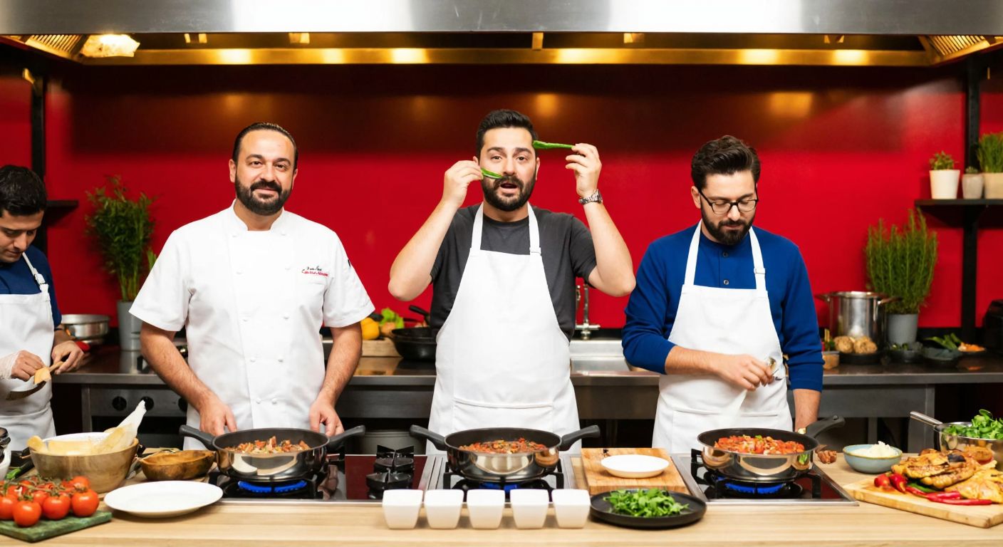 A vibrant Turkish kitchen scene with three chefs—Mehmet Yalçınkaya, Somer Sivrioğlu, and Danilo Zanna—standing confidently in crisp white aprons, tasting dishes with focused expressions, surrounded by fresh ingredients and steaming pots.