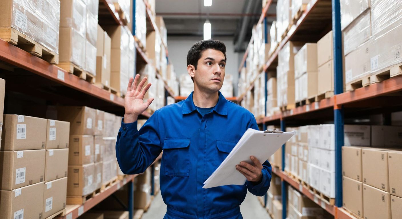 A warehouse worker in a blue uniform compares two different inventory documents with a puzzled expression, standing between shelves of neatly stacked boxes under fluorescent lighting.