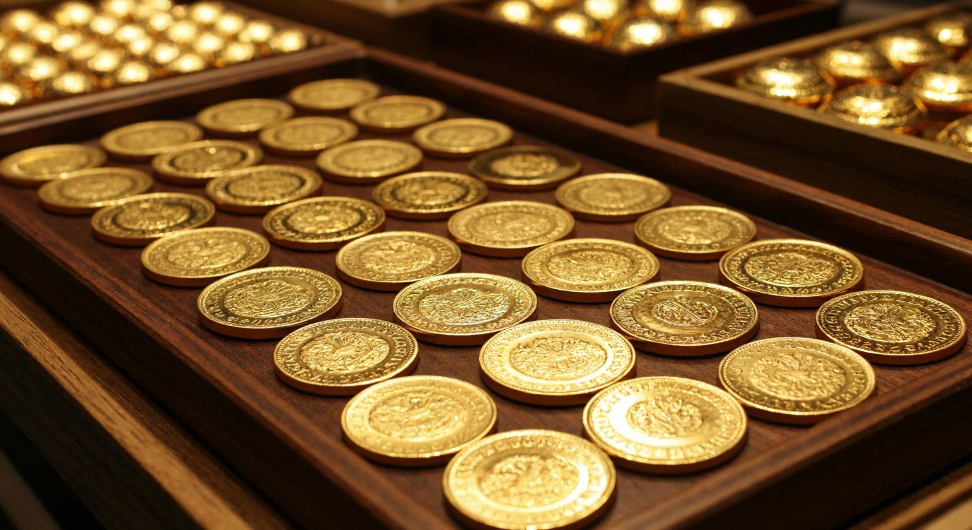 A polished wooden tray in a Turkish jewelry shop displays gleaming gold coins of various sizes—tiny çeyrek, plump tam, and ornate reşat—arranged neatly under warm light, reflecting their rich hues.