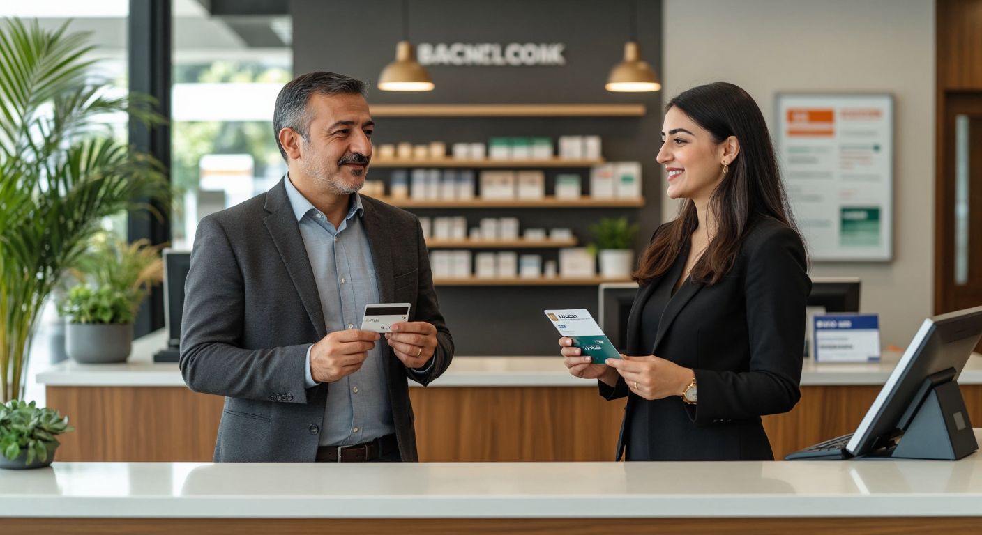 A middle-aged Turkish man in a business casual outfit stands thoughtfully in front of a bank counter, holding a credit card while a bank employee in a professional uniform gestures toward a brochure with a reassuring smile.