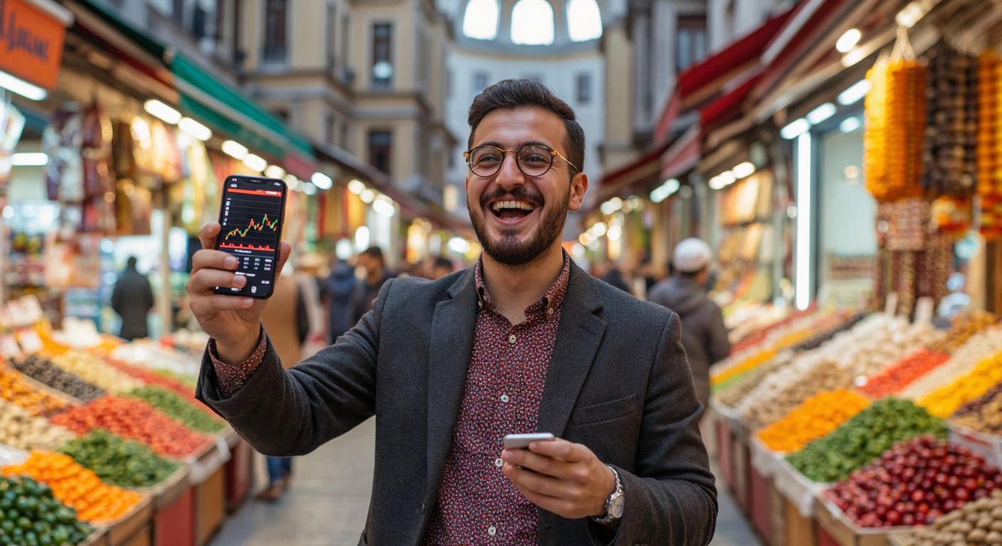 A Turkish investor in a bustling Istanbul bazaar, holding a smartphone with a bright stock chart, smiling excitedly while surrounded by colorful market stalls.