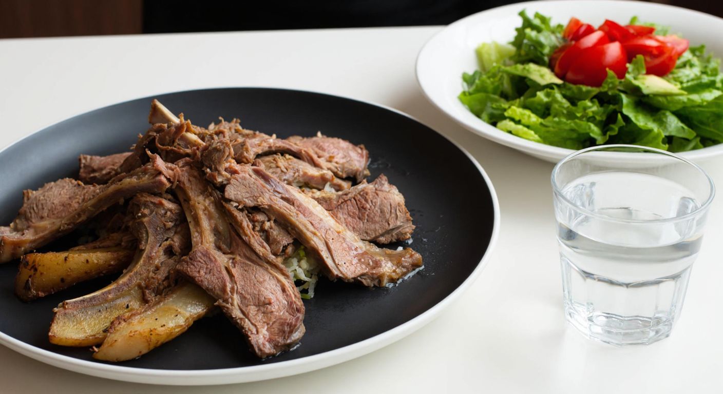A steaming plate of tender lamb tandır with a small portion of lean meat, placed beside a fresh salad and a glass of water, evoking a balanced yet cautious approach to dieting.