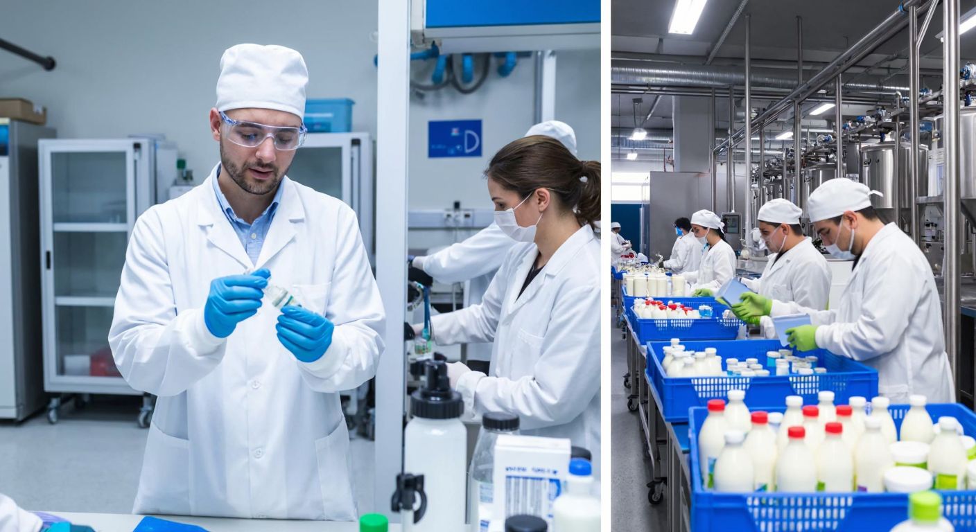 A split-image with a modern pharmaceutical lab on one side, featuring scientists in white coats analyzing vials, and a bustling dairy factory on the other, with workers packaging fresh milk products in Tekirdağ.