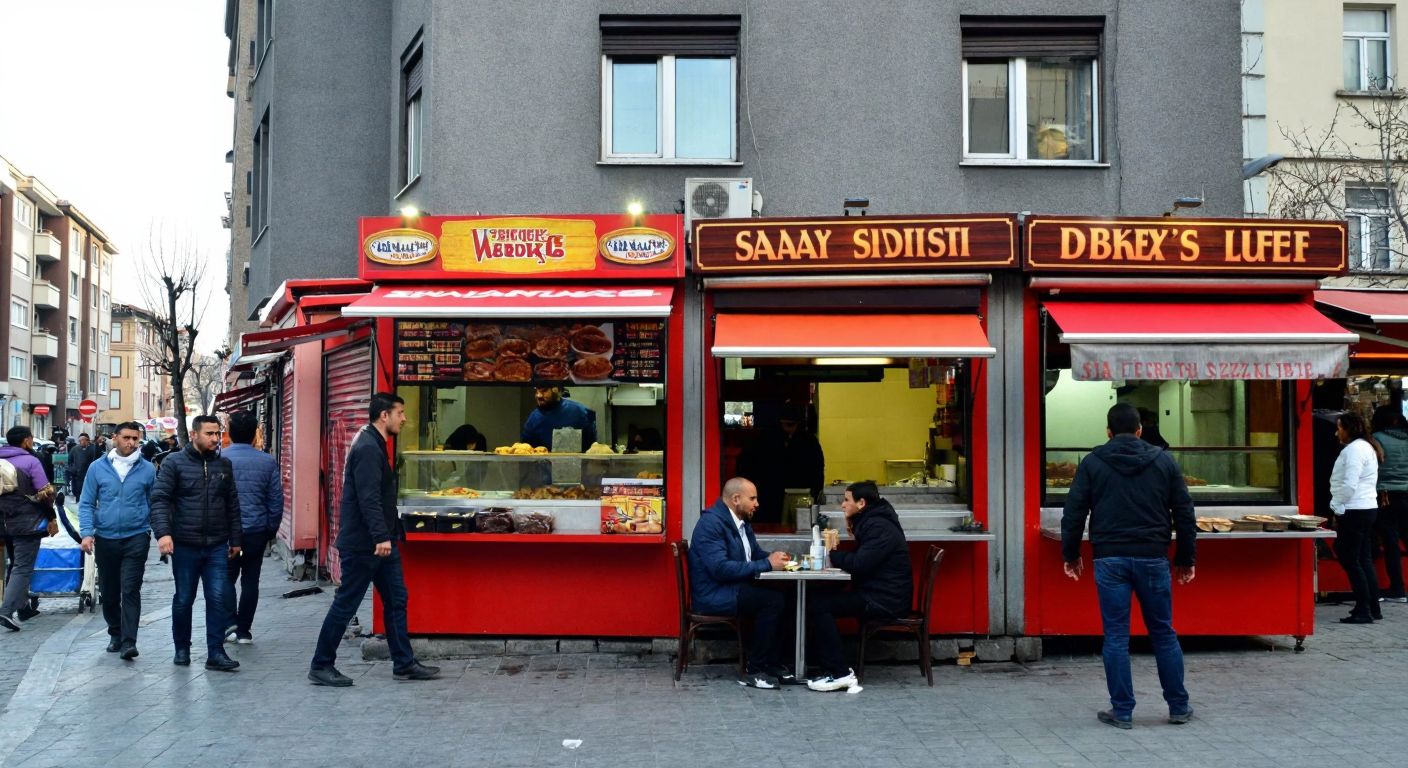 A bustling Istanbul street scene with three small, vibrant büfes (snack stalls) in different neighborhoods—Bakırköy, Beylikdüzü, and Üsküdar—each surrounded by locals enjoying simit, döner, and çay.