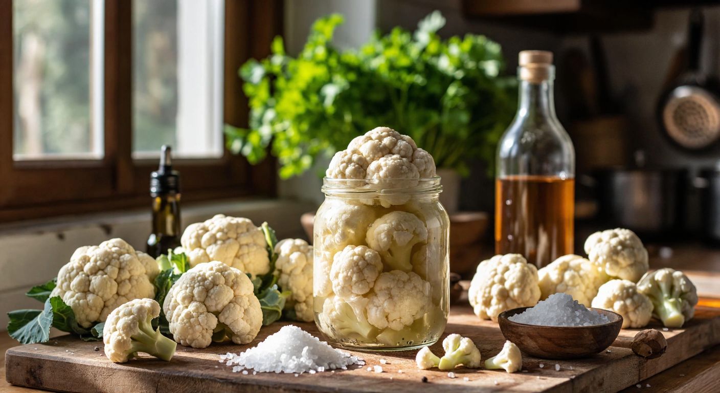 A rustic Turkish kitchen counter with a glass jar filled with crisp white cauliflower pickles, surrounded by fresh cauliflower florets, coarse rock salt, and a bottle of vinegar, bathed in warm sunlight.