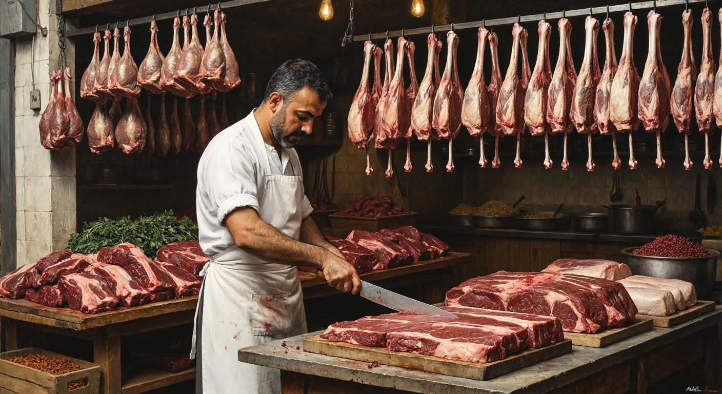A Turkish butcher in a white apron sharpens a gleaming steel knife on a whetstone, surrounded by hanging cuts of lamb and beef in a traditional kasap dükkanı.