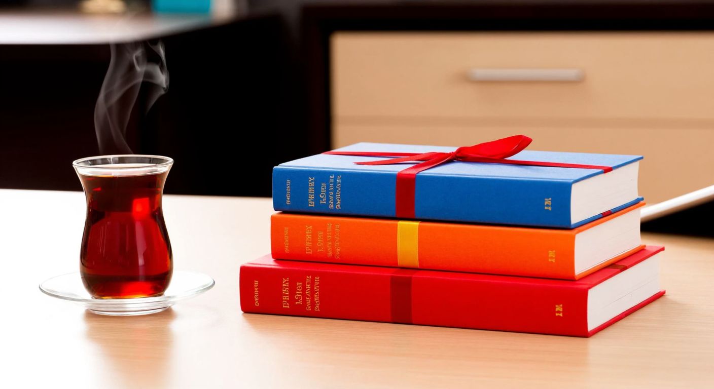 A neat stack of five colorful books with a bright red ribbon tied around them, placed on a wooden desk next to a steaming cup of Turkish tea.
