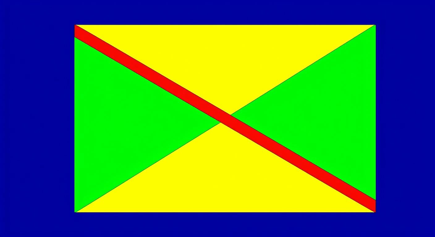 A bright yellow geometric diagram of a rectangle with two bold red diagonal lines intersecting at the center, dividing the shape into four equal green triangles on a white background.