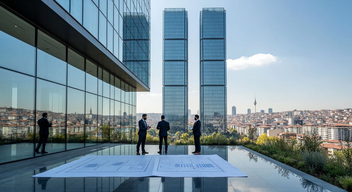 A modern glass skyscraper with twin towers, reflecting Istanbul's skyline, standing proudly in Beşiktaş' Gayrettepe district, with Turkish businessmen in suits discussing blueprints nearby.