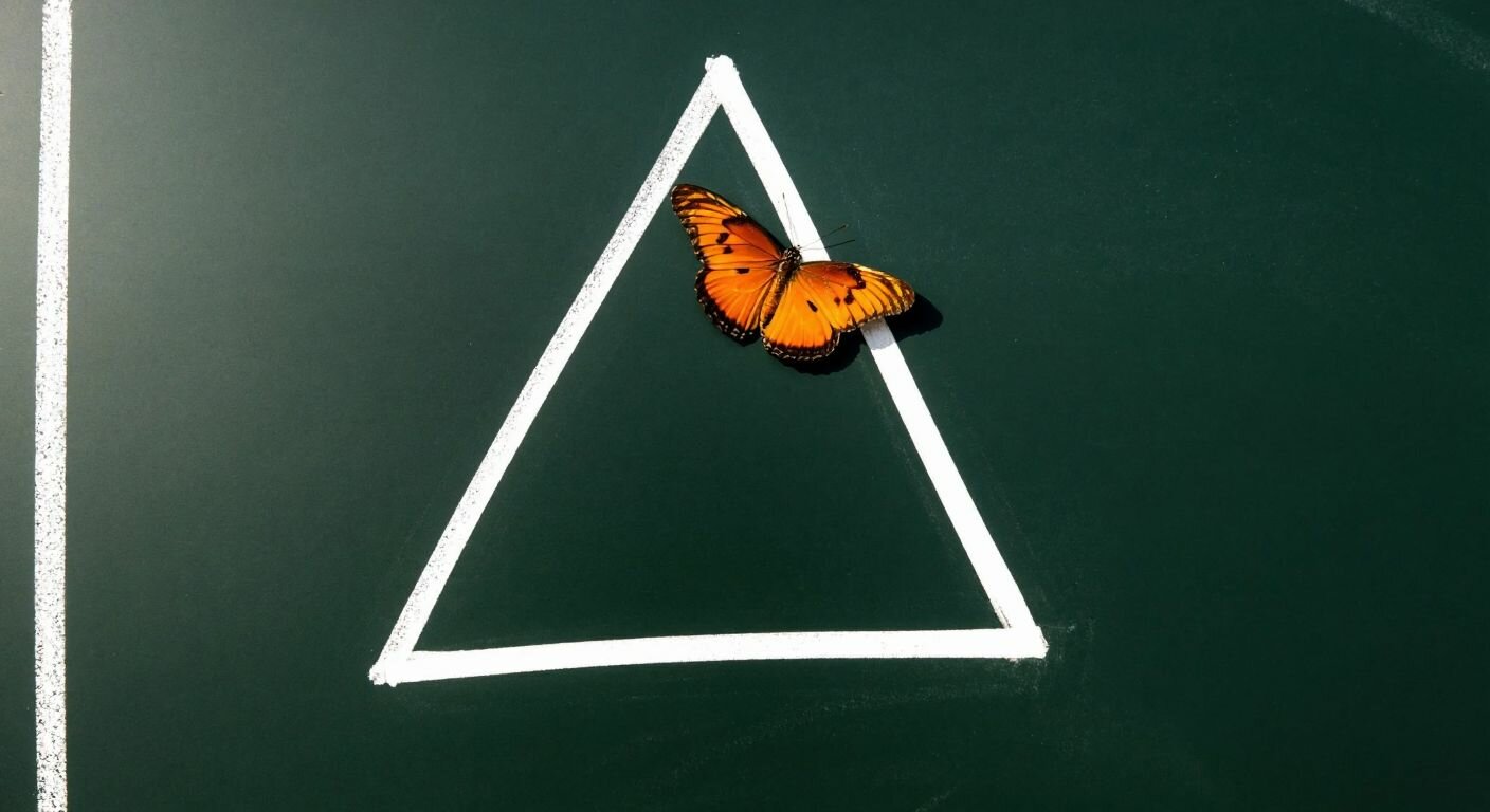 A vibrant orange butterfly perched on the intersecting lines of two overlapping triangles drawn in chalk on a sunlit blackboard, symbolizing the geometric "butterfly rule" in a Turkish classroom.