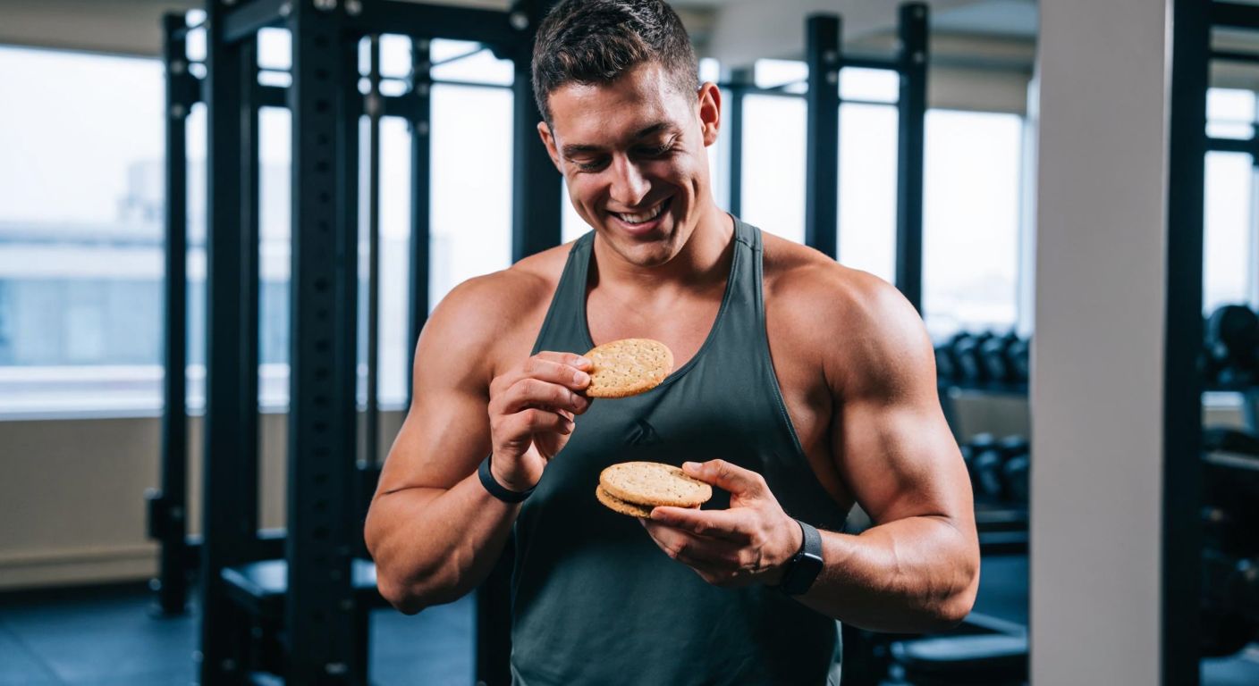 A muscular athlete in a gym, wearing workout clothes, holds a protein-rich biscuit in one hand and a whole-grain biscuit in the other, with a determined and satisfied expression.