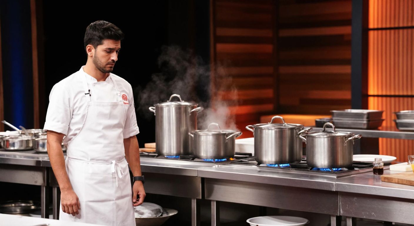 A solemn Ayaz in a white chef's apron standing in a MasterChef kitchen, surrounded by stainless steel countertops and steaming pots, with a disappointed expression as fellow contestants watch quietly.
