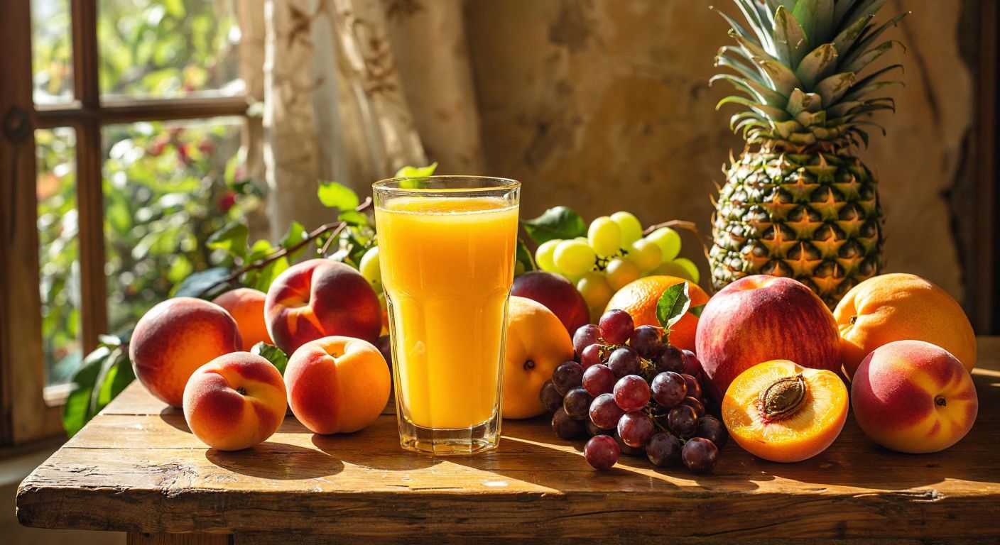 A clear glass filled with golden peach juice, surrounded by fresh peaches, apples, grapes, oranges, apricots, pineapples, and mangoes on a sunlit wooden table in a Turkish kitchen.