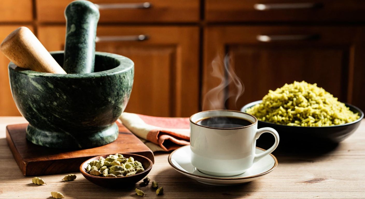 A warm Turkish kitchen with a mortar and pestle crushing green cardamom pods, a steaming cup of coffee on a wooden table, and a bowl of fragrant rice pilaf nearby.