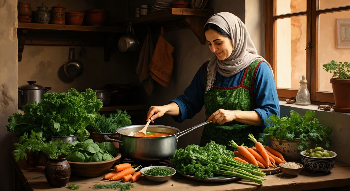 A warm Turkish kitchen with a wooden table displaying fresh spinach, kale, dill, asparagus, and carrots, while a smiling mother in traditional clothing gently stirs a pot of vegetable soup.