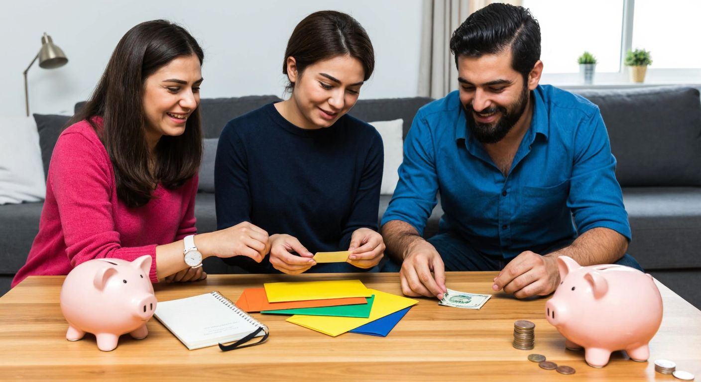 A smiling Turkish family sits around a wooden table at home, carefully organizing colorful labeled envelopes and a small notebook, while a piggy bank and a stack of coins rest nearby, symbolizing budgeting and saving.