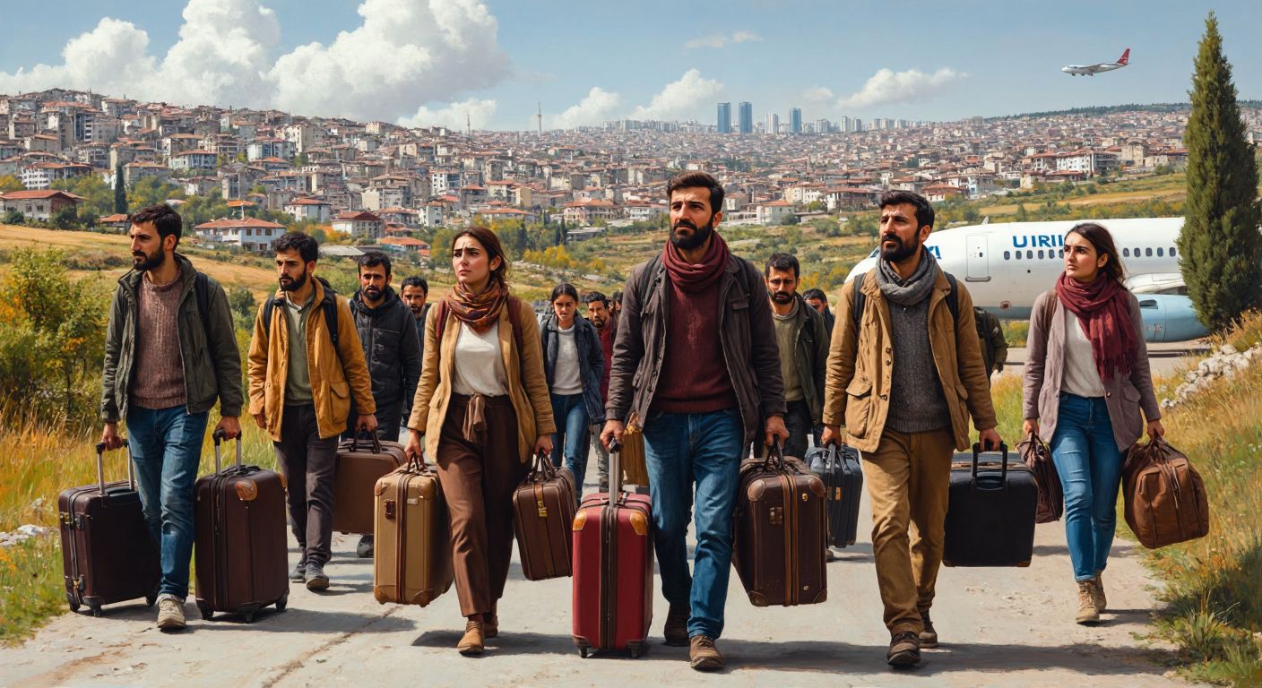 A diverse group of people carrying suitcases and bags, some walking toward a bustling Turkish cityscape while others board a plane, with expressions ranging from hopeful to weary, set against a backdrop of rural villages and urban skyscrapers.