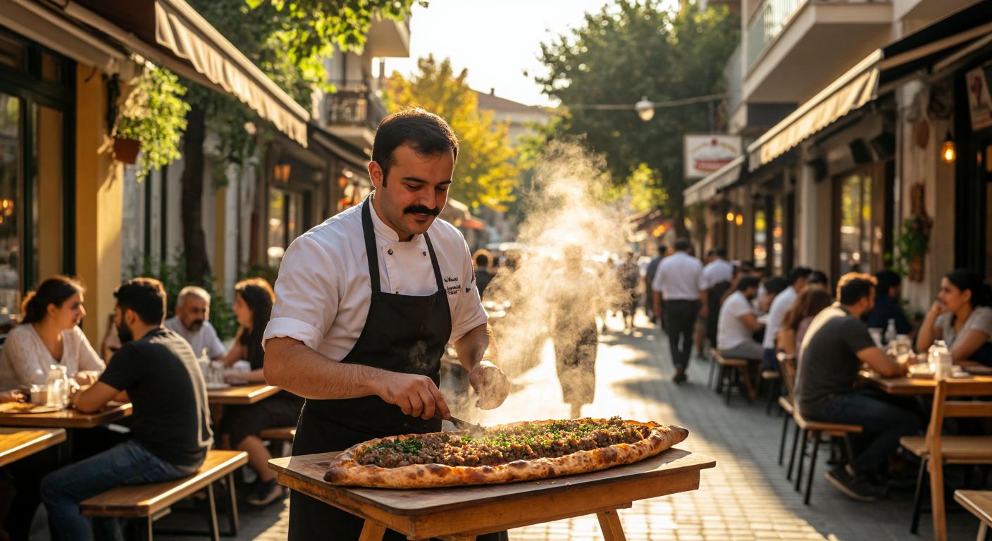 A bustling street in Bursa’s Nilüfer district, with warm golden light spilling from a pide restaurant’s open kitchen, where a mustachioed chef slides a steaming boat-shaped pide topped with minced meat and herbs onto a wooden tray, while locals chat at crowded wooden tables.