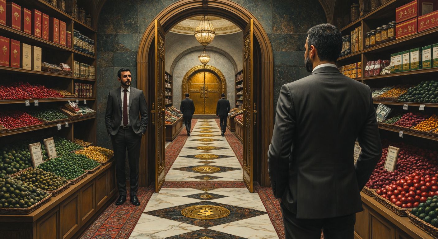 A Turkish man in a suit stands thoughtfully between two paths—one leading to a bustling marketplace (representing participation accounts) and the other to a secure vault (representing fixed-term deposits).