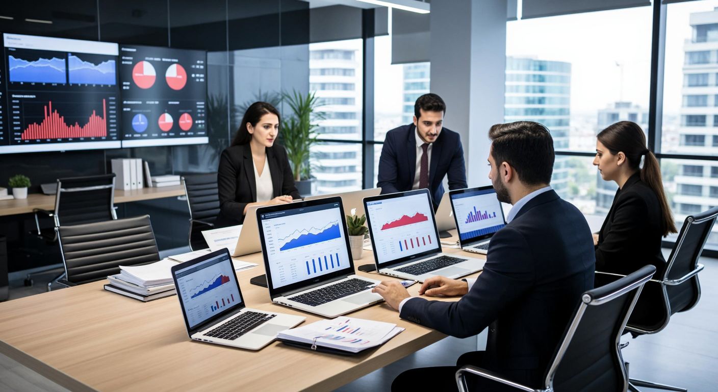 A modern Turkish office with professionals analyzing financial charts on multiple screens, surrounded by sleek laptops and documents, exuding focus and efficiency.