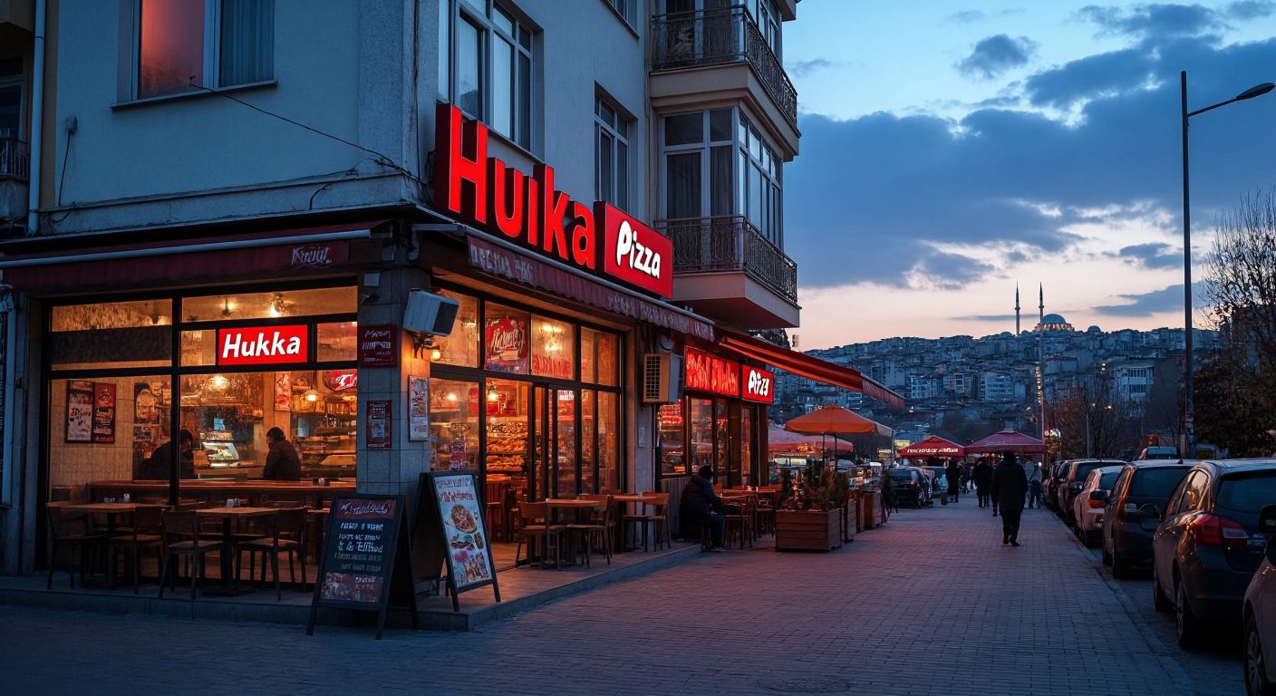 A closed restaurant with a faded "Hukka" sign, next to a bustling KFC and Pizza Hut with American branding, under a Turkish city skyline at dusk.