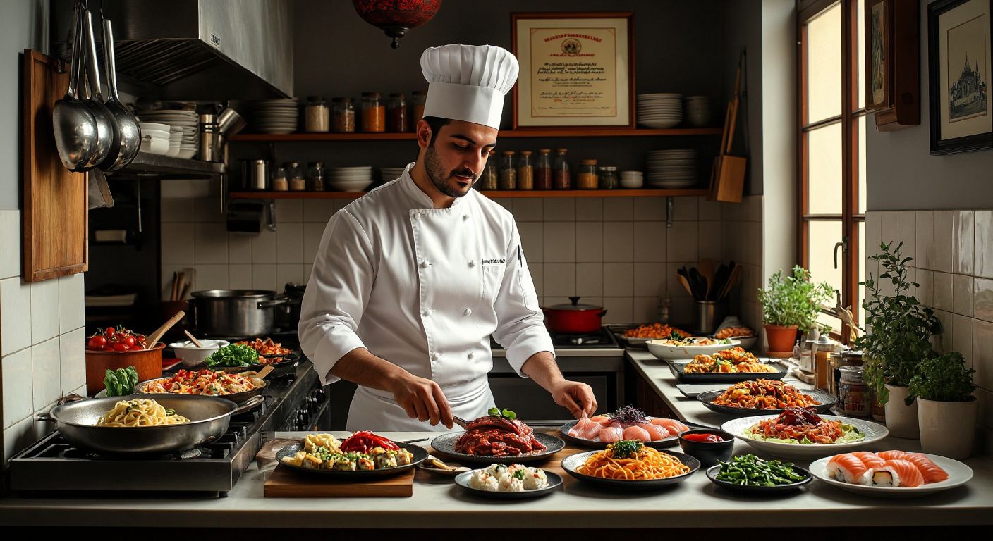 A confident Turkish chef in a crisp white uniform stands in a bustling kitchen, skillfully preparing a colorful array of international dishes—from Italian pasta to Japanese sushi—while a gleaming certificate hangs on the wall behind them.