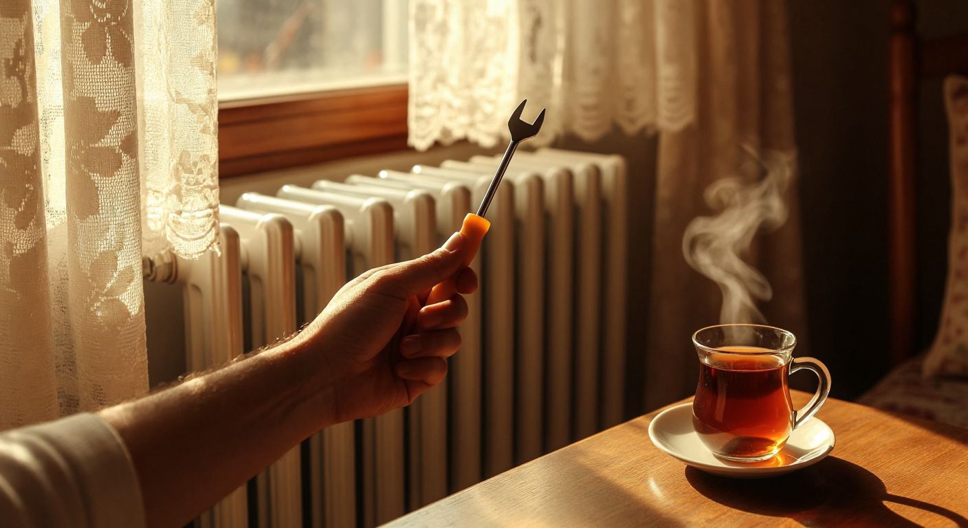 A close-up of a hand holding a flathead screwdriver against a radiator valve in a cozy Turkish home, with warm light filtering through lace curtains and a steaming cup of çay on a wooden table nearby.