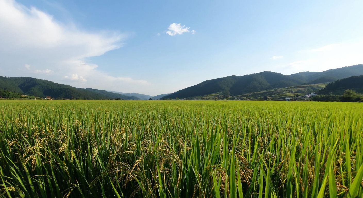 A lush green rice field in Tosya with golden grains swaying in the breeze, framed by rolling hills under a bright blue sky.