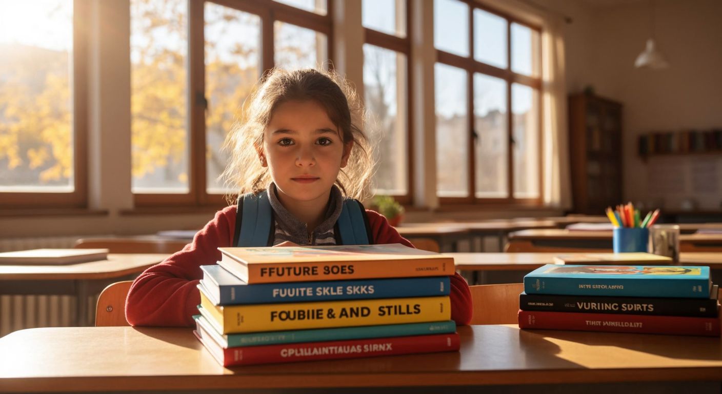 A stack of colorful textbooks titled "Future Jobs," "Hobbies & Skills," and "Sports" sits on a wooden desk in a sunlit Turkish classroom, with a curious student flipping through one.