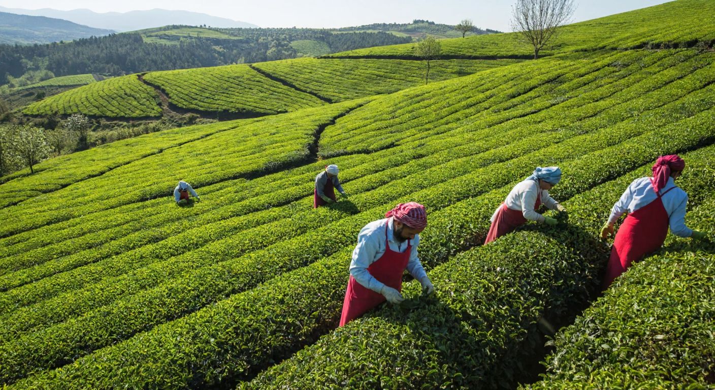 A lush green tea plantation in Turkey’s rolling hills, with workers in traditional attire carefully plucking fresh tea leaves under the warm sun.